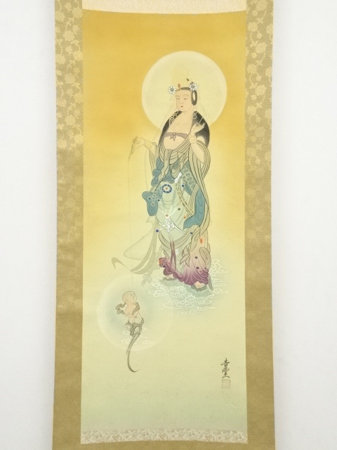 送料無料　極上絹本肉筆観音図 大幅掛軸 211×69cm　時代物 道具 ] - 道具 吉堂筆 慈母観音 肉筆絹本掛軸（共箱） | ネット